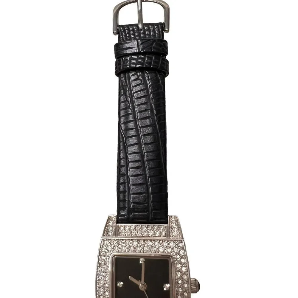Vintage Women's Watch‎ Black Band Faux Leather Rhinestone Bezel Black Dial